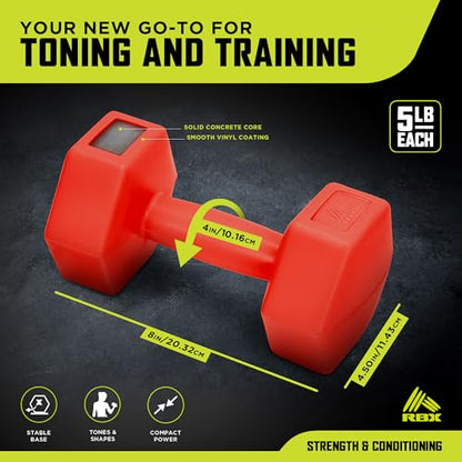 RBX Vinyl Coated Hand Weight Dumbbell Set - Hex Shaped, Roll Free for Body Building/Sculpting/Strength Training Exercise, (Set of 2) - color: Red, size: 5lb