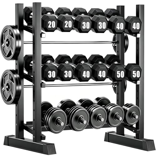 3-Tier Adjustable Dumbbell Rack, Heavy-Duty Weight Rack for Home Gym, Space-Saving Weight Storage Rack for Dumbbells, Kettlebells, Barbells & Plates (Rack Only) - size: 33.8X19.7X37inch