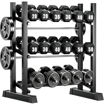 3-Tier Adjustable Dumbbell Rack, Heavy-Duty Weight Rack for Home Gym, Space-Saving Weight Storage Rack for Dumbbells, Kettlebells, Barbells & Plates (Rack Only) - size: 33.8X19.7X37inch