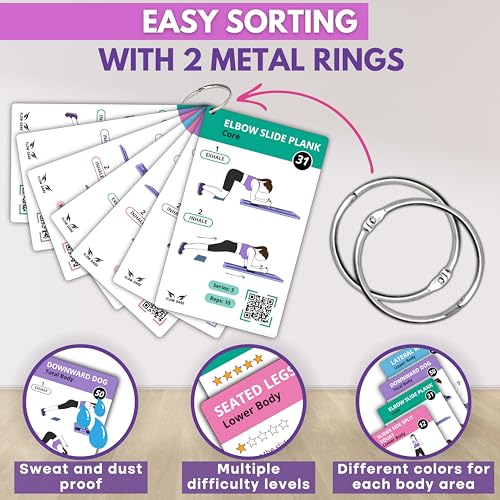 Pilates Board Workout Cards – 67 Exercise Cards with Videos & Workout Plan - Includes 5-Week Challenge, Ebook, Progress Chart & 2 Rings for Easy Organization - Home Portable Reformer Guide for Women