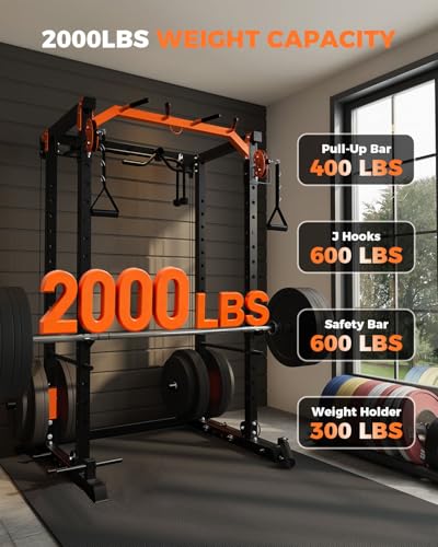 Power Cage, Power Rack with Cable Crossover System, 2000LBS Squat Rack with LAT Pull Down System, Workout Cage with Pulley System for Fitness Home Gym Strength Training (Red&Black)