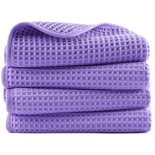POLYTE 430 GSM Poly Blend Microfiber Quick Dry Waffle Hand Towel, 16x30 in - color: Purple