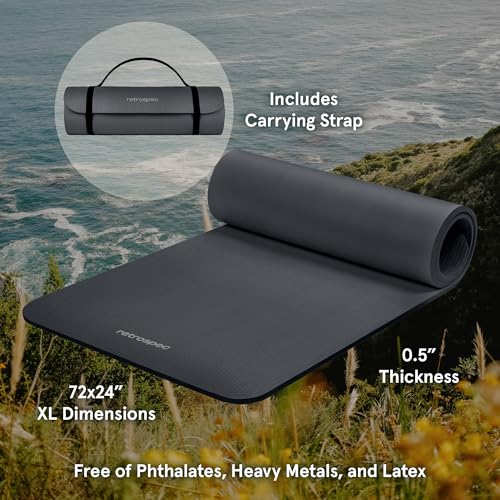 Retrospec Solana Yoga Mat Thick 1/2in Non-Slip Workout Mat with Nylon Strap - 72x24in Exercise Mat for Pilates, Stretching & Fitness - BPA Free, Easy Clean - color: Graphite
