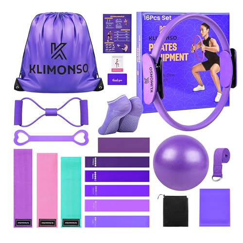 Pilates Kit for Men and Women - Complete Essential Set for Home Workout Equipment - Pilates Kit (14 inch) with 5Pcs Resistance Bands, Ball, Strap, Socks, Accessories and Carry Bag - color: Purple