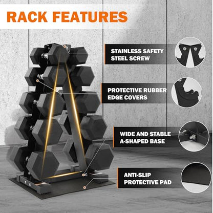 Fitvids Rubber Coated Hex Dumbbell Set with Storage Rack, 100/150/200/550 LB Hand Weight Set with Anti-Slip Grip for Home Gym - size: Dumbbell + A-Rack: 200LBS Set