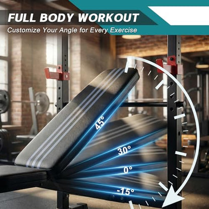 OLIXIS Adjustable Weight Bench Set with Rack, 650 LBS Capacity Heavy Duty Foldable Bench Press Set with Leg Extension Curl, Easy Assembly Strength Training Workout Set for Garage, Home, Gym, Black