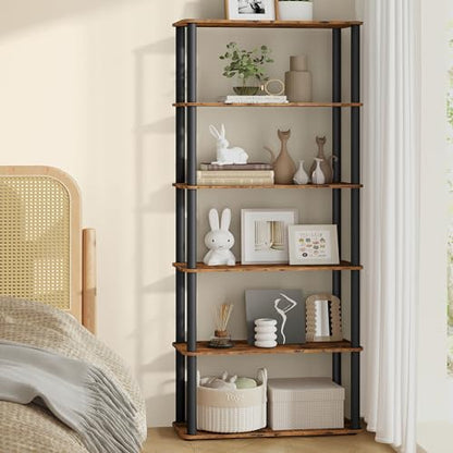VASAGLE 6-Tier Shelf, Storage Shelves, Bookcase with Shelves, Living Room - color: Rustic Brown + Ink Black, size: 6 Tiers (23.6"W)