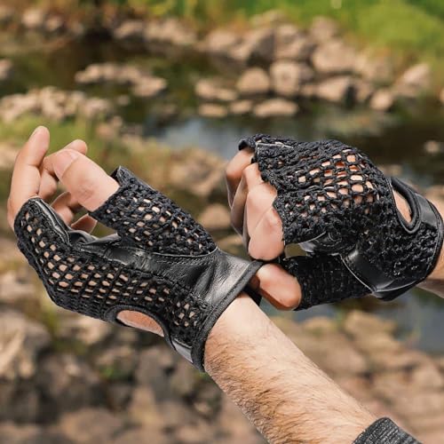 Leather Padded Crochet Back Breathable Fingerless Weight Lifting, Cycling Workout Gloves, Black (Large)