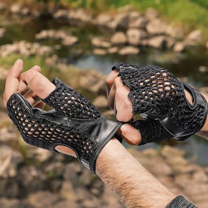 Leather Padded Crochet Back Breathable Fingerless Weight Lifting, Cycling Workout Gloves, Black (Large)