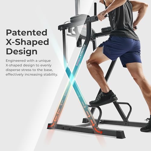 Sunny Health & Fitness Power Tower Dip Station & Pull-Up Bar, Multi-Function Strength Training Equipment with Captain’s Chair, Push-Up Bars & Core Workout for Home Gym