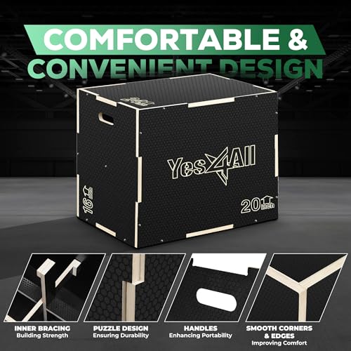 Yes4All 3 in 1 Non-Slip Wooden Plyo Box, Step Up Box for Workout, Plyometric Jump Box for Skipping, Jumping, Lunges, Squats, Dips - color: A. Black, style: 24" x 20" x 16"