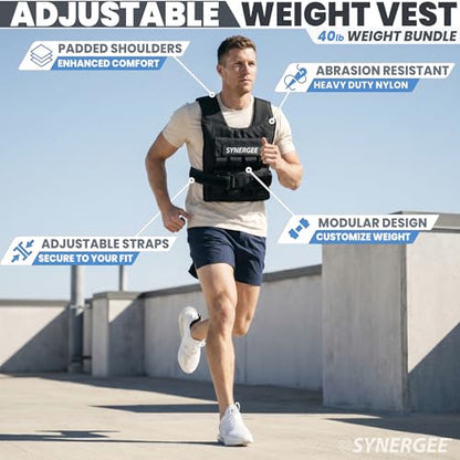 Synergee Adjustable Weighted Vest for Men & Women – 20 LB, 30 LB & 40 LB Options with Removable 2.5 LB Cast Iron Weights – Training Vest for Running, Rucking, Walking & Strength Training - color: 40LB