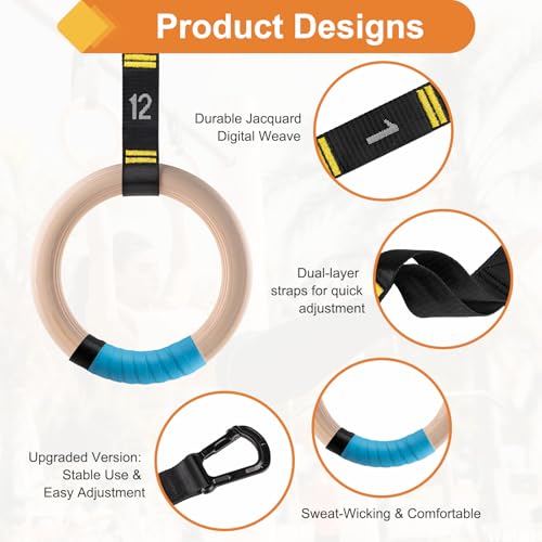 Wooden Gym Rings with 9ft Double-Layer Numbered Straps Quick Adjust. 1.25” Olympic Rings for Home Gym Small Apartment Hotel Camping Full Body Workout Calisthenics Strength Training Body