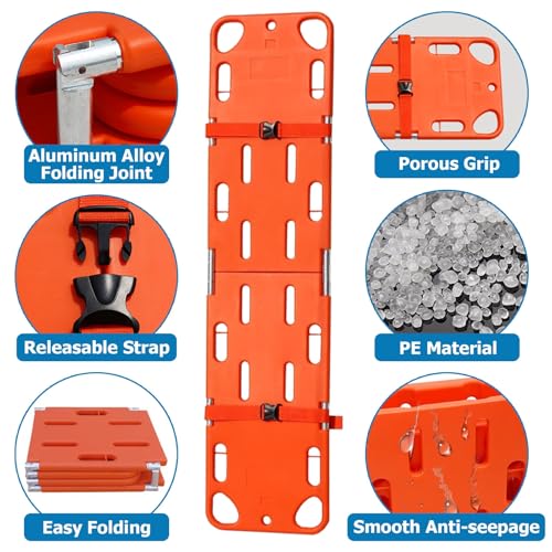 Foldable Spine Board Stretcher 75'' x 18.5'' - Portable Water-Resistant Emerncy Backboard for Pacs, Lifeguards, Pool & First Aid Training