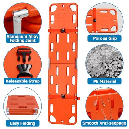 Foldable Spine Board Stretcher 75'' x 18.5'' - Portable Water-Resistant Emerncy Backboard for Pacs, Lifeguards, Pool & First Aid Training