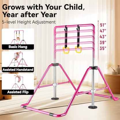 Kids Gymnastics Bar Gymnastic Equipment for Home Adjustable Height Gymnastic Training Bar Gymnastic Stuff for 3-7 Years Old Girls - color: Pink with ring