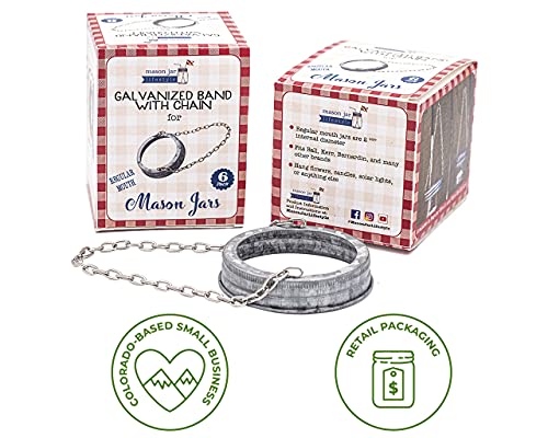 Galvanized Bands with Chain For Hanging Mason Jars, Rustic Farmhouse Decor by Mason Jar Lifestyle (Regular Mouth, 6 Pack) - size: Regular Mouth