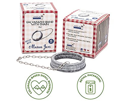 Galvanized Bands with Chain For Hanging Mason Jars, Rustic Farmhouse Decor by Mason Jar Lifestyle (Regular Mouth, 6 Pack) - size: Regular Mouth