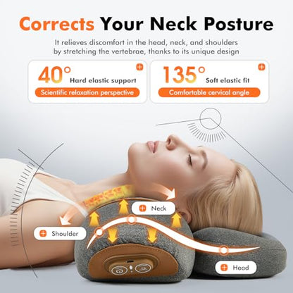 3-in-1 Neck Massager Pillow with Heating & Cervical Traction, Ergonomic Cervical Pillow for Neck Back Shoulder Pain Relief, Rechargeable Neck Pillow (Light Gray) - color: Light Gray