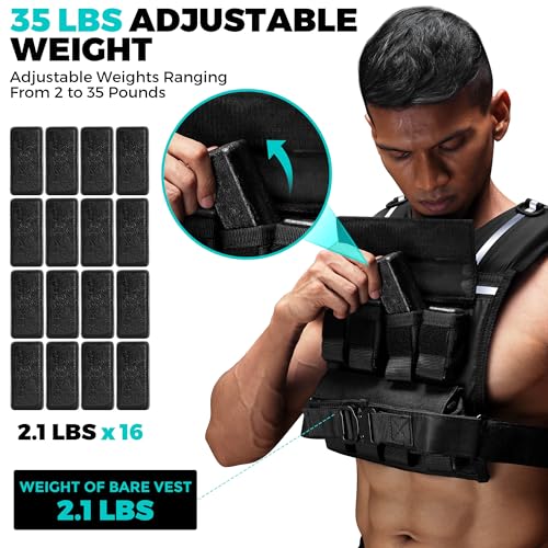 35lb/45lb Weighted Vest Men , Adjustable Rucking Vests for Walking with Reflective Stripe, 1.2" Ultra Thick Shoulder Padding Strength Training Workout Vest for Running GYM Home, Detachable Iron Weights - size: 2-35 LBS