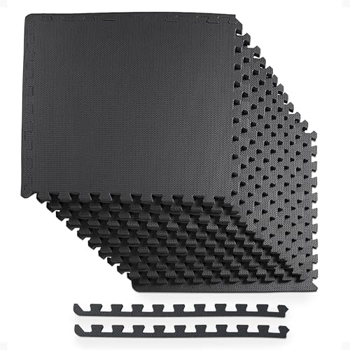 BalanceFrom Puzzle Exercise Mat 1/2" Thick, EVA Interlocking Foam Floor Tiles for Home Gym, Mat for Home Workout Equipment, Floor Padding for Kids, Black, 24 in x 24 in x 1/2 in, 48 Sq Ft - 12 Tiles - color: Black, style: 1/2" Thick, 48 Square Feet