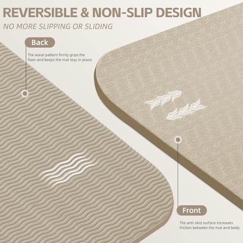 PAIDU Large Yoga Mat, 72" x 36" x 2/5"（10MM） Thick Non-Slip Exercise Mat, SGS-Certified POE Material, Ideal for Home Gym, Yoga, Pilates, Fitness Workouts & Floor Mat - color: Beige - Double C