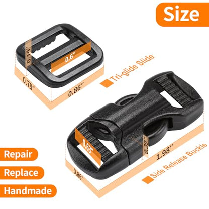 BEYOURD 5/8" Buckle and Strap Set: 6 Yards of Thick Nylon Webbing, 6 Pack Quick Side Release Adjustable Plastic Buckles, 12 Tri-Glide Slide Clips, Black (5/8 Inch Combo Set) - style: 5/8" Combo Set