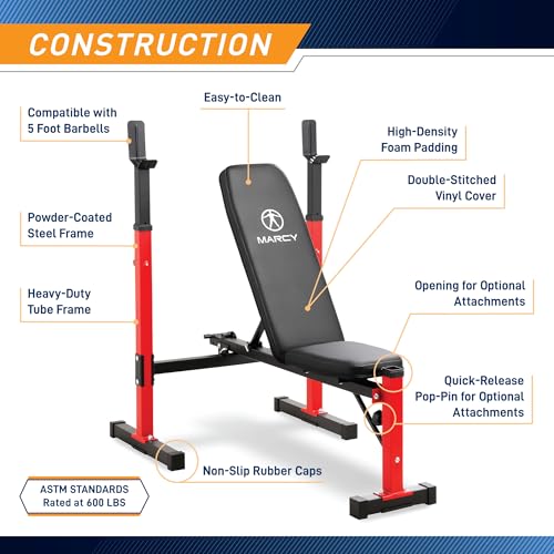 Marcy Deluxe Olympic Weight Bench with Adjustable Back & Bar Catch & Optional Arm Curl, Leg Developer, Lat Tower Attachments (Sold Separately), Personal Home Gym for Strength Training, Weightlifting - color: Standard Bench MWB-5511