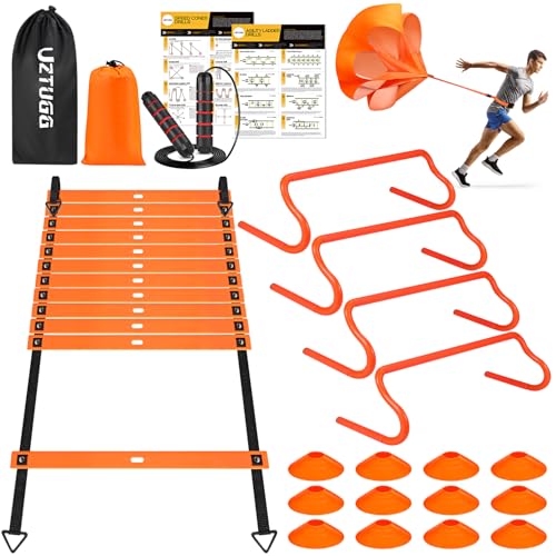 Soccer Training Equipment, Speed Agility Training Equipment for Youth Adults, 20ft Agility Ladder, 4 Hurdles, Jump Rope, 12 Cones, Running Parachute, Basketball Football Training Equipment