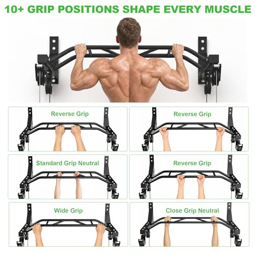 Wall Mounted Pull Up Bar, Heavy Duty Multi-Grip Chin Up Bar for Home Gym, 450 lbs Weight Capacity Upper Body Strength Training Equipment, Equipped with a variety of fitness handles.