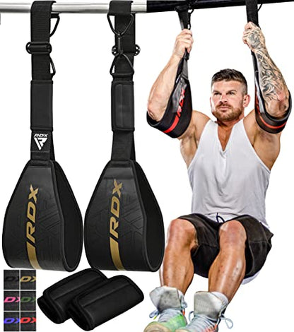 RDX AB Straps for Pull Up Bar Hanging (Pair), Maya Hide Leather, Abdominal Muscle Building Padded Arm Support Slings with D-Ring Strap, Leg Raise Exercise Fitness Workout Strength Training, Men Women - color: Black Golden