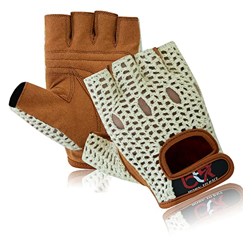 Men's Chauffeur Half Finger Padded Gloves - Driving, Motorbike, Cycling, Gym, Wheelchair, Crochet Back - color: White/Brown, size: Small