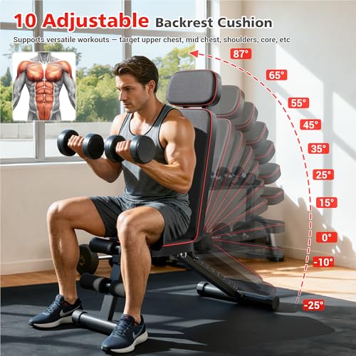 XDDIAS Workout Bench, 10 Backrests Adjustable Weight Bench with Extended Headrest, 800LBS Foldable Weight Bench for Home Gym, Incline Decline Flat Bench Compact for Small Space Training - color: Black