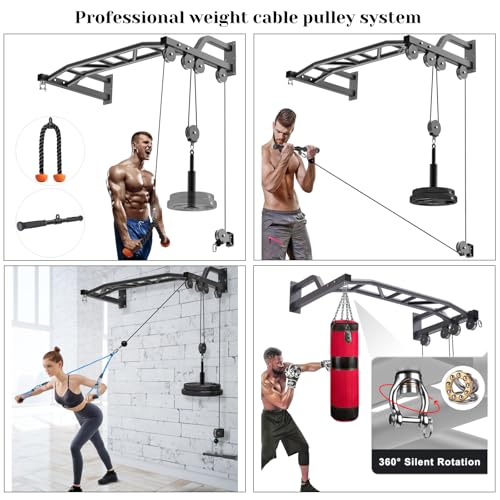 SELEWARE 48'' Heavy Duty Pull Up Bar Wall Mount Multi-function Chin up Bar with Home Gym Cable Pulley System LAT Pulldown Workout Attachments Heavy Bag Hanger - color: A. Black Pull Up Bar with Cable Pulley System