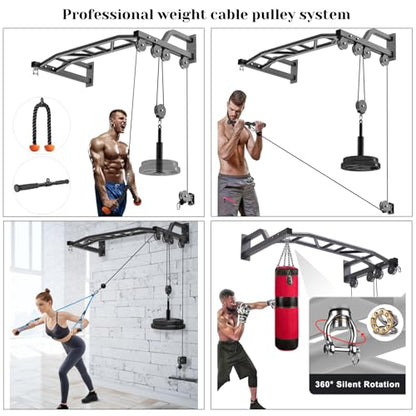 SELEWARE 48'' Heavy Duty Pull Up Bar Wall Mount Multi-function Chin up Bar with Home Gym Cable Pulley System LAT Pulldown Workout Attachments Heavy Bag Hanger - color: A. Black Pull Up Bar with Cable Pulley System