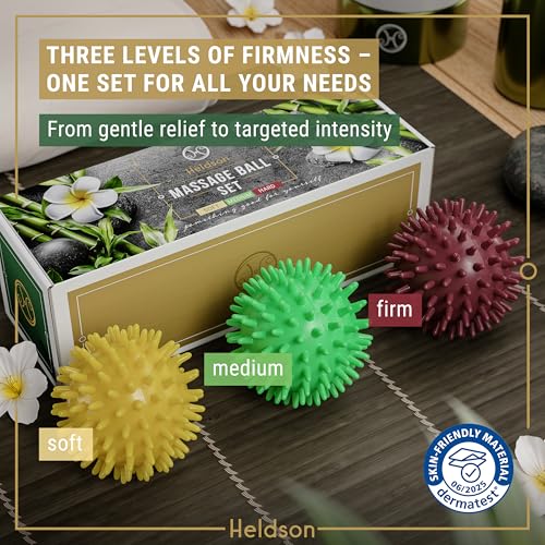 HELDSON® 3 Spiky Massage Balls Set [Soft, Medium, Hard] - Foot Roller Massager Spikes - Spike Trigger Point Ball for Back Pain Relief & Feet - Plantar Fasciitis Deep Tissue Therapy - Spikey Pressure