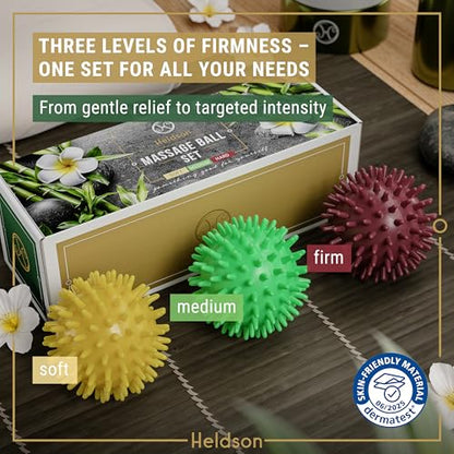 HELDSON® 3 Spiky Massage Balls Set [Soft, Medium, Hard] - Foot Roller Massager Spikes - Spike Trigger Point Ball for Back Pain Relief & Feet - Plantar Fasciitis Deep Tissue Therapy - Spikey Pressure