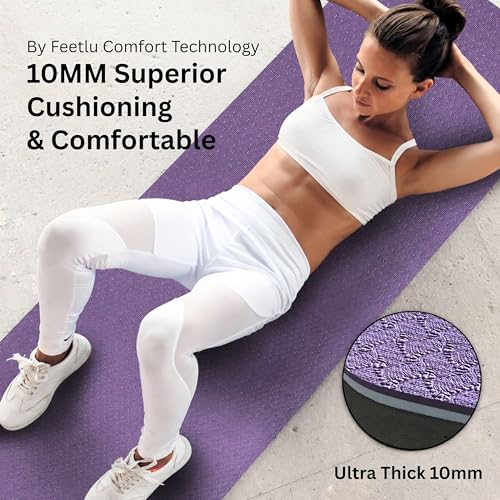 Extra Thick Yoga Mat with Carry Strap, 10mm Non-Slip Exercise Mat, 72 x 24 Inch Cushioned Workout Mat for Yoga, Pilates, Stretching & Floor Exercises