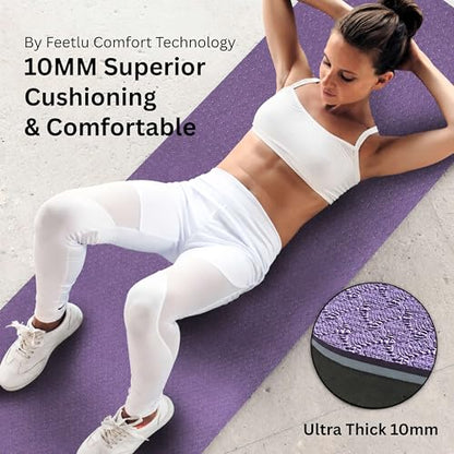 Extra Thick Yoga Mat with Carry Strap, 10mm Non-Slip Exercise Mat, 72 x 24 Inch Cushioned Workout Mat for Yoga, Pilates, Stretching & Floor Exercises