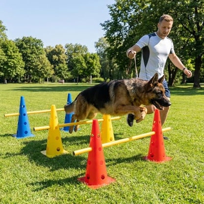 Dog Agility Hurdle Cone Set, 10er 12.5Inch Color Agility Cones and 5er 31.5Inch Agility Rods, Equipment Obstacle Course Backyard Equipment for Pet Exercise