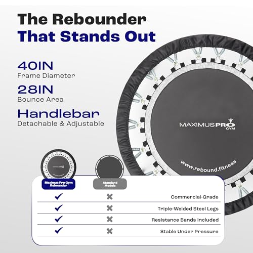 Maximus Pro Home Gym Rebounder Mini Trampoline 40'' + Handle Bar | Includes Workouts Online + DVD's | Adults Indoors | 150kg User Weight. Adult Exercise Trampoline | Already Assembled