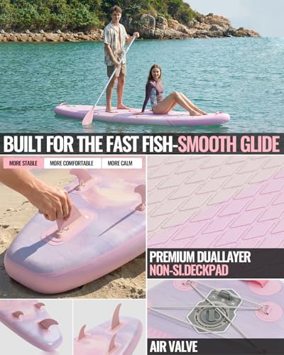 11'6"x35" Inflatable Paddle Board, 450lbs Extra Wide Stand Up Paddleboard for Adults with Premium SUP Accessories Kit & Backpack, Blow Up Kayak Non-Slip Stable Deck Boat for Yoga Fishing Surf - style: Gradient pink/kayak seat