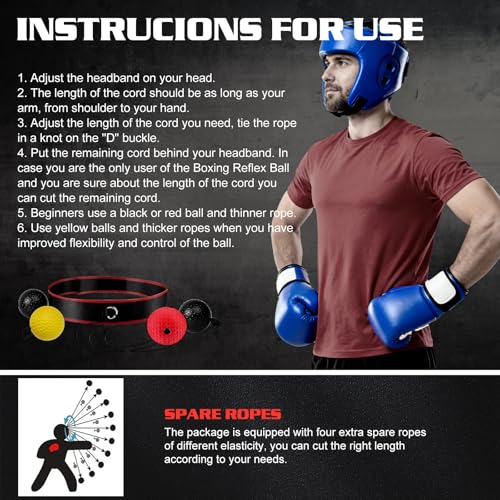 KTEBO® Boxing Reflex Ball Headband Set - Includes 4 Different Balls and 2 Adjustable Headbands for Beginner Proficiency Improvement, Great Boxing Equipment