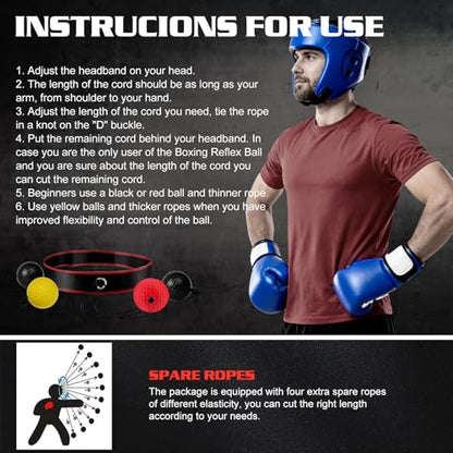 KTEBO® Boxing Reflex Ball Headband Set - Includes 4 Different Balls and 2 Adjustable Headbands for Beginner Proficiency Improvement, Great Boxing Equipment