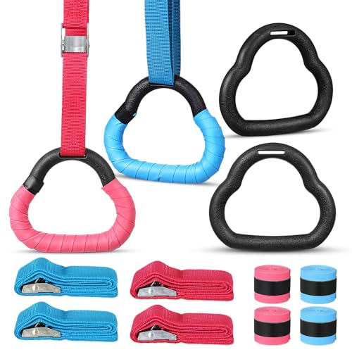 Gymnastic Rings Set with Adjustable Straps, 2 Pairs Blue and Red, 1m Adjustable Length, ’s Workout Equipment for Grip Strength and Coordination Training