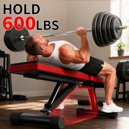 FitinOne Adjustable Folding Weight Bench for Home Gym, 660 lbs Capacity Multi-Functional Workout Bench Sturdy Durable for Full Body - color: Black-Red