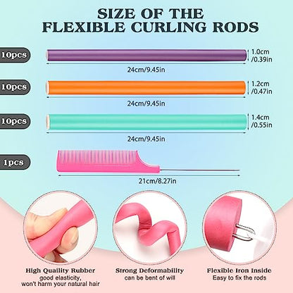 Heatless Hair Curler Set - 30 Flexible Overnight Blowout Rods, Soft Rollers for Long Hair (Small Size) - color: 9.45" (3 Sizes)