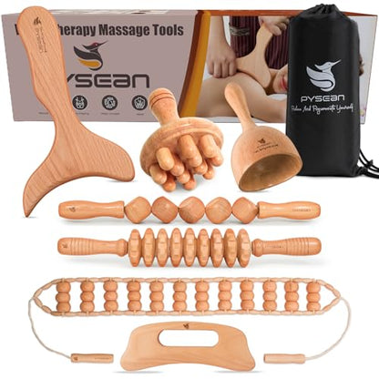 Wooden Massage Tool Set, 7-Piece Body Massage Kit for Home Use, Manual Included