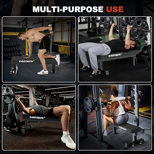 Flat Bench, 4" Thick HeftyGrip Vinyl Pad, Rated 1,200 LB, Flat Benches for Home Gym & Strength Training, Professional Grade Flat Weight Bench Made of Heavy Duty 3"*3" Tube (Black)