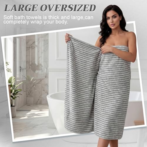 2 Pack Oversized Bath Towels 40 x 80 in Coral Fleece Extra Large Gray and White Striped Bath Sheets Microfiber Quick Dry Absorbent Shower Towel for Beach Pool Hotel Bathroom Spa Gym